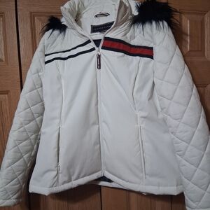 Tommy Hilfiger Women's White Quilted Ski Jacket with Black and Red Stripes
